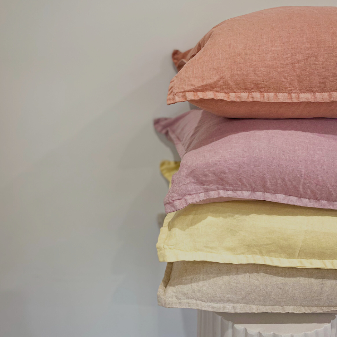 100% belgium linen vintage washed cushion- feather filled in lilac, side view
