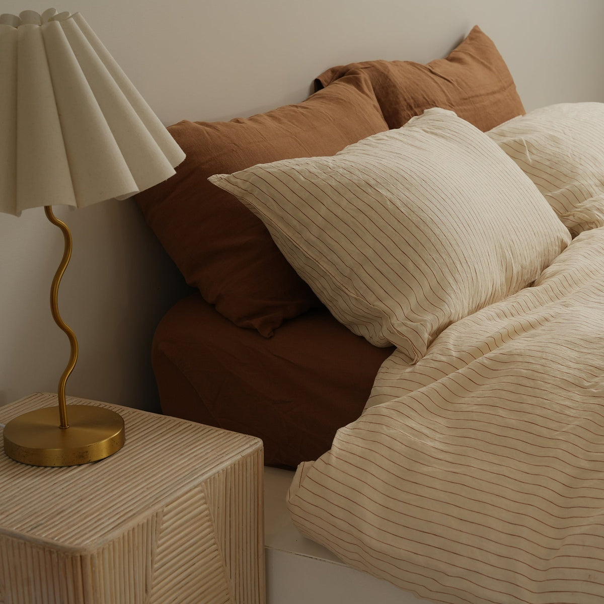 100% french flax linen duvet cover set in ginger pinstripe, alternate angle