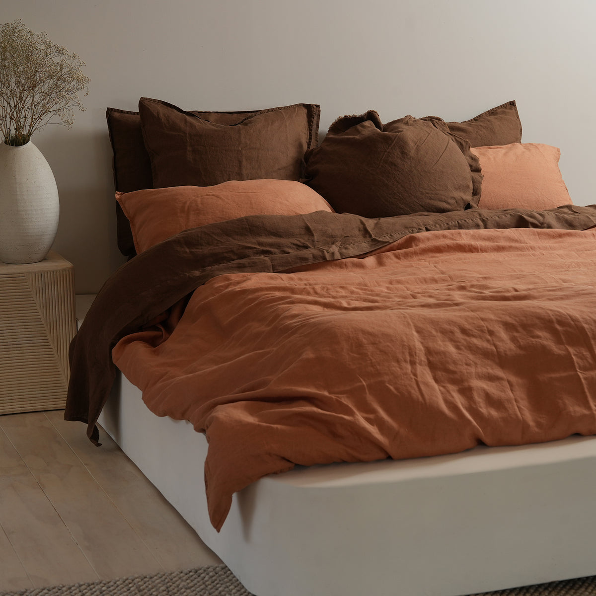 100% french flax linen duvet cover set in hazelnut, styled shot