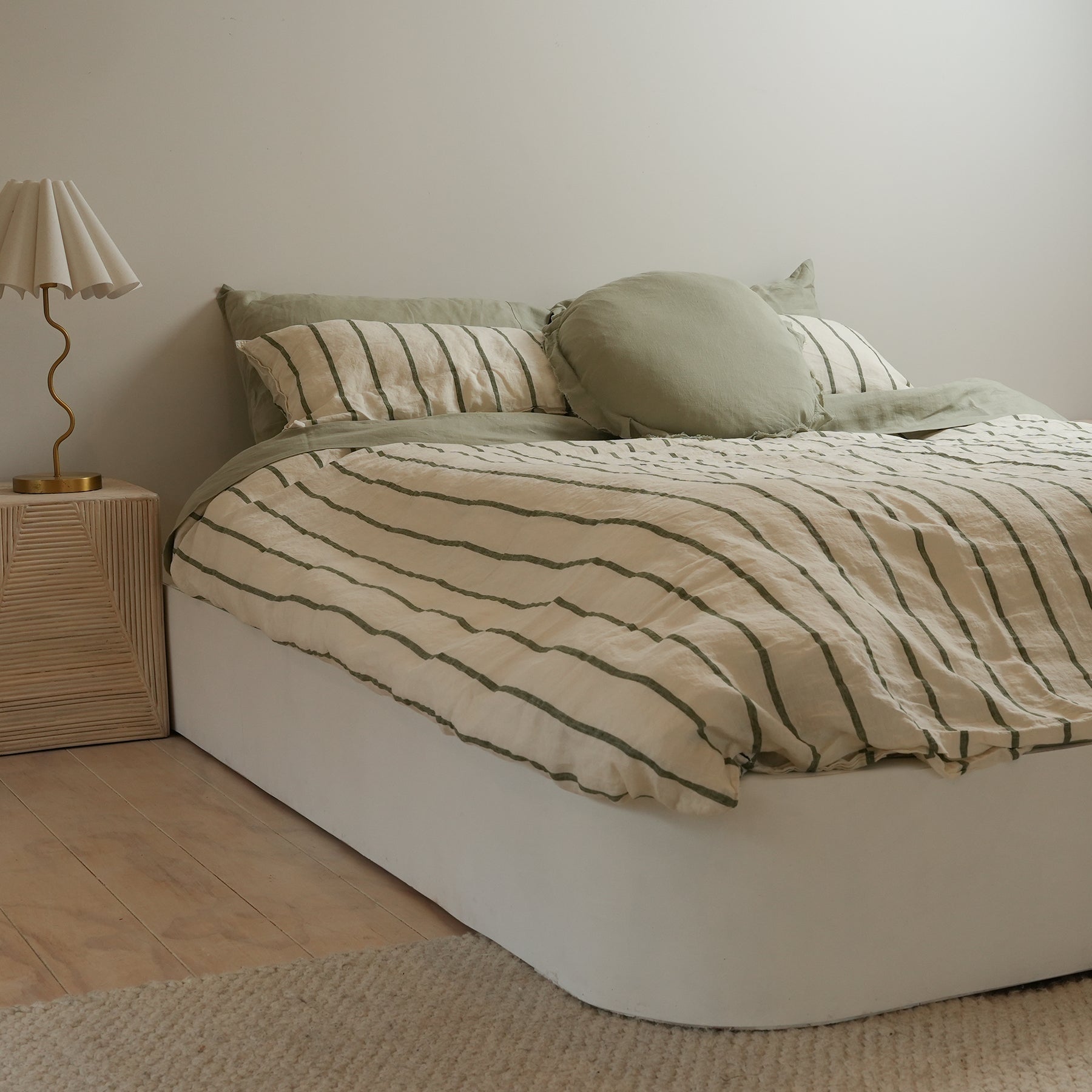 100% french flax linen duvet cover set in lichen stripe, detail view