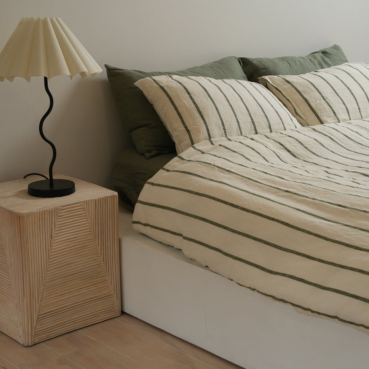 100% french flax linen duvet cover set in lichen stripe, styled shot
