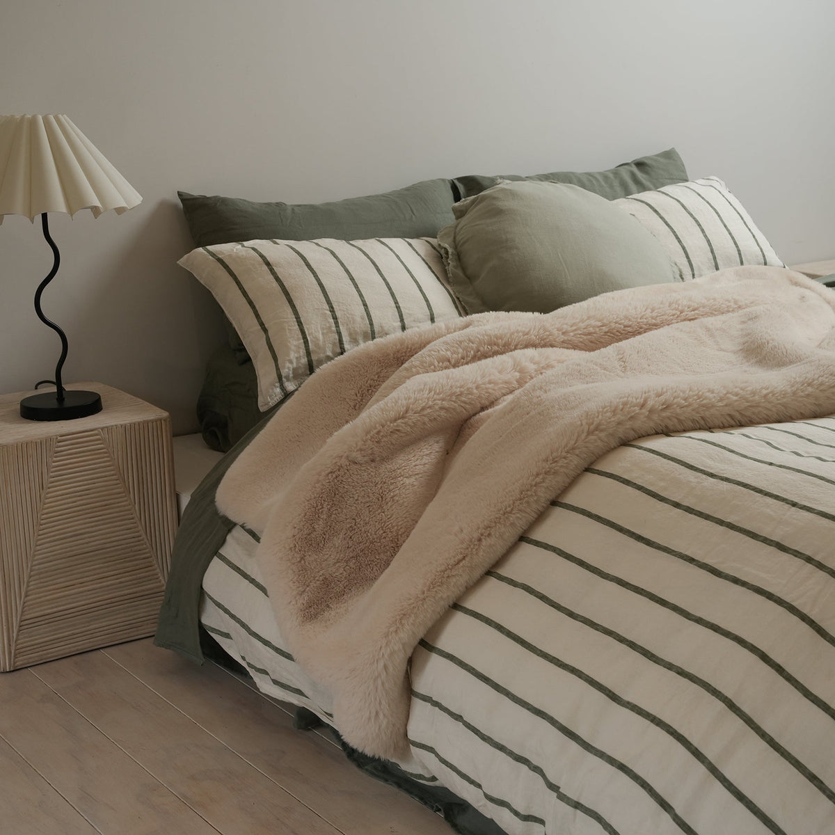100% french flax linen duvet cover set in lichen stripe, side view