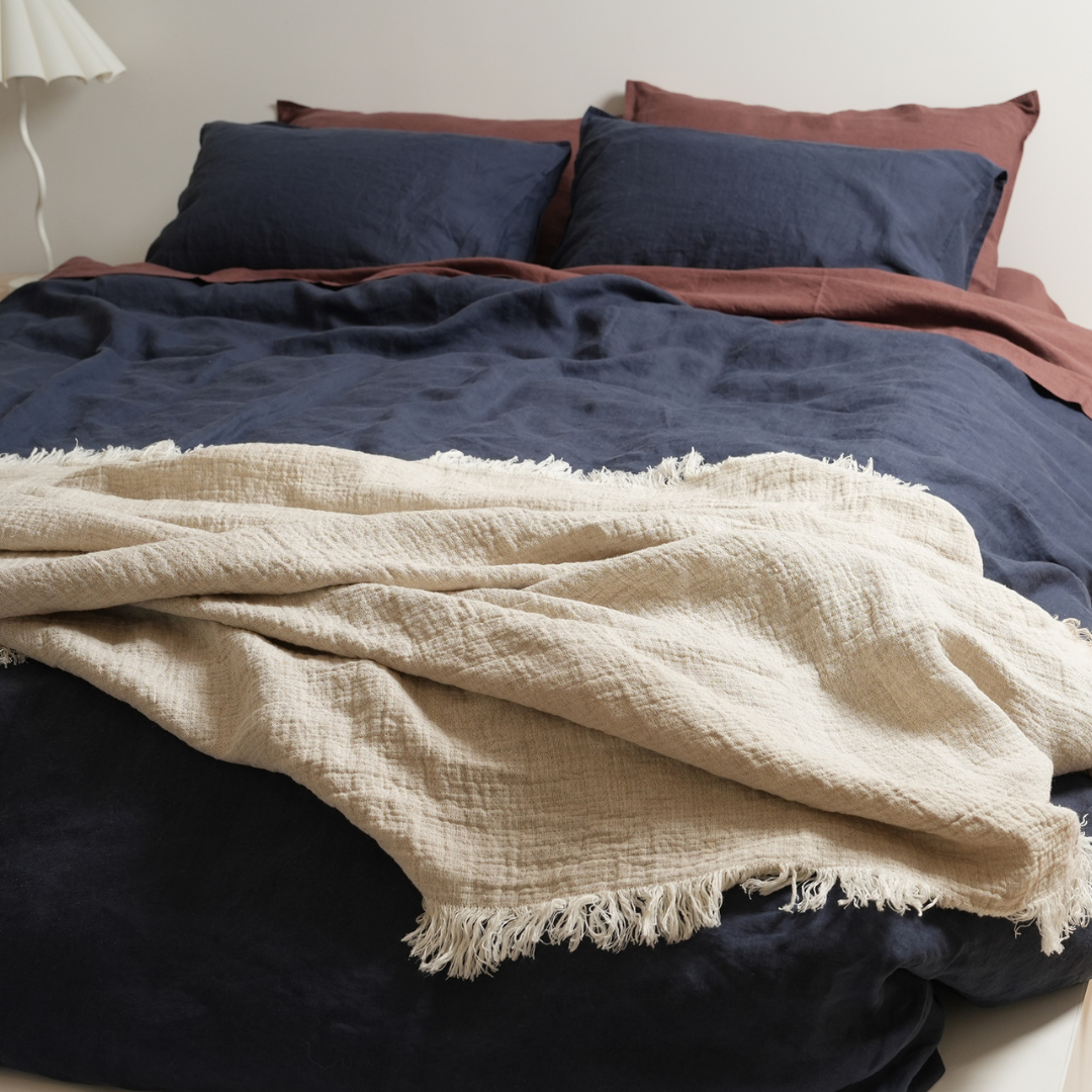 100% french flax linen duvet cover set in midnight, styled shot