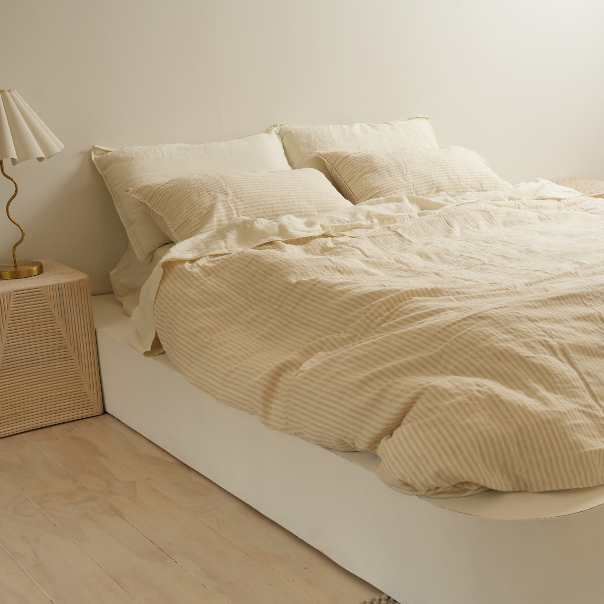 100% french flax linen duvet cover set in sand stripe