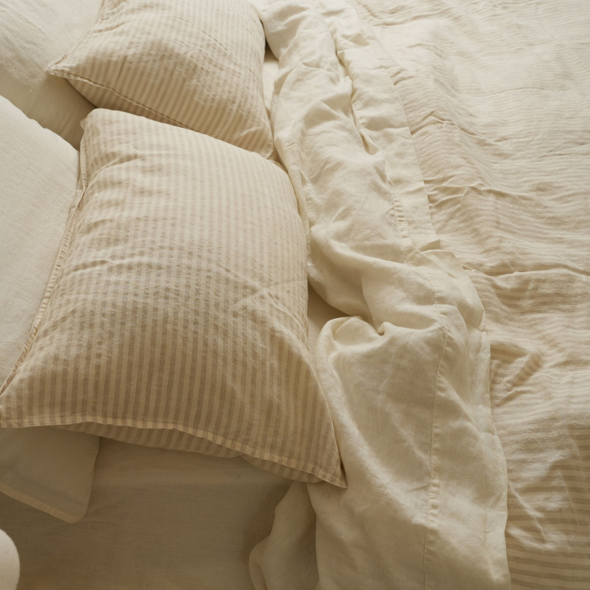 100% french flax linen duvet cover set in sand stripe, close-up