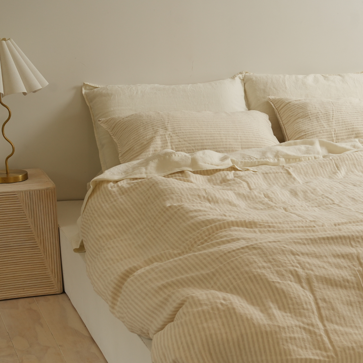 100% french flax linen duvet cover set in sand stripe, styled shot