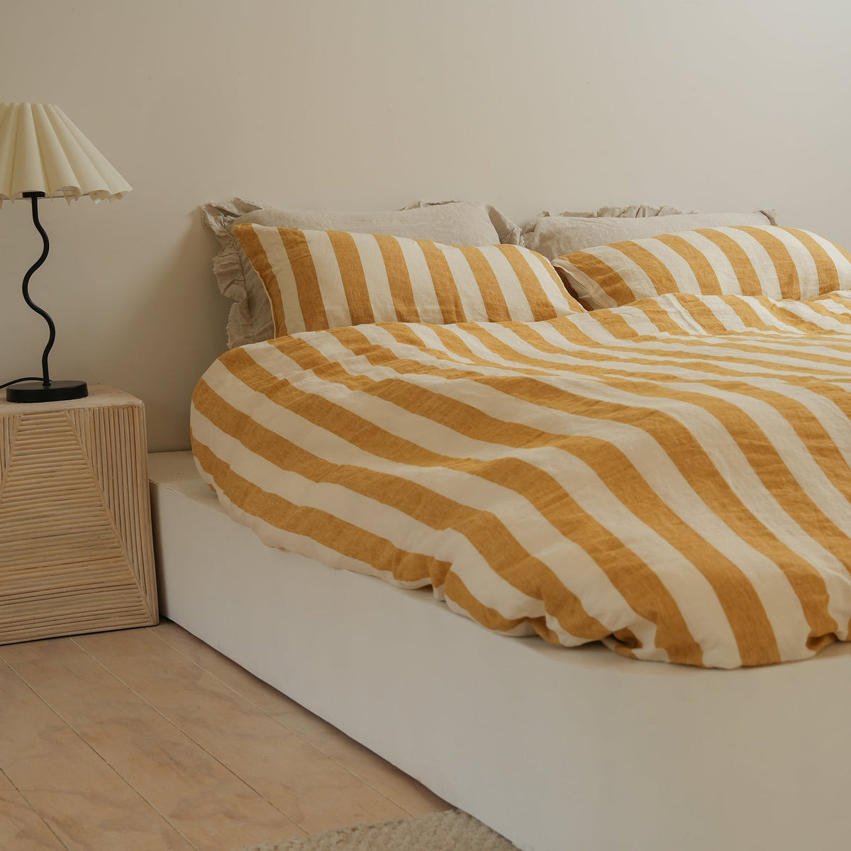 100% french flax linen duvet cover set in sunflower stripe, alternate angle