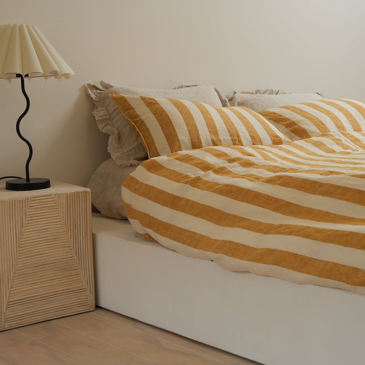 100% french flax linen duvet cover set in sunflower stripe, detail view