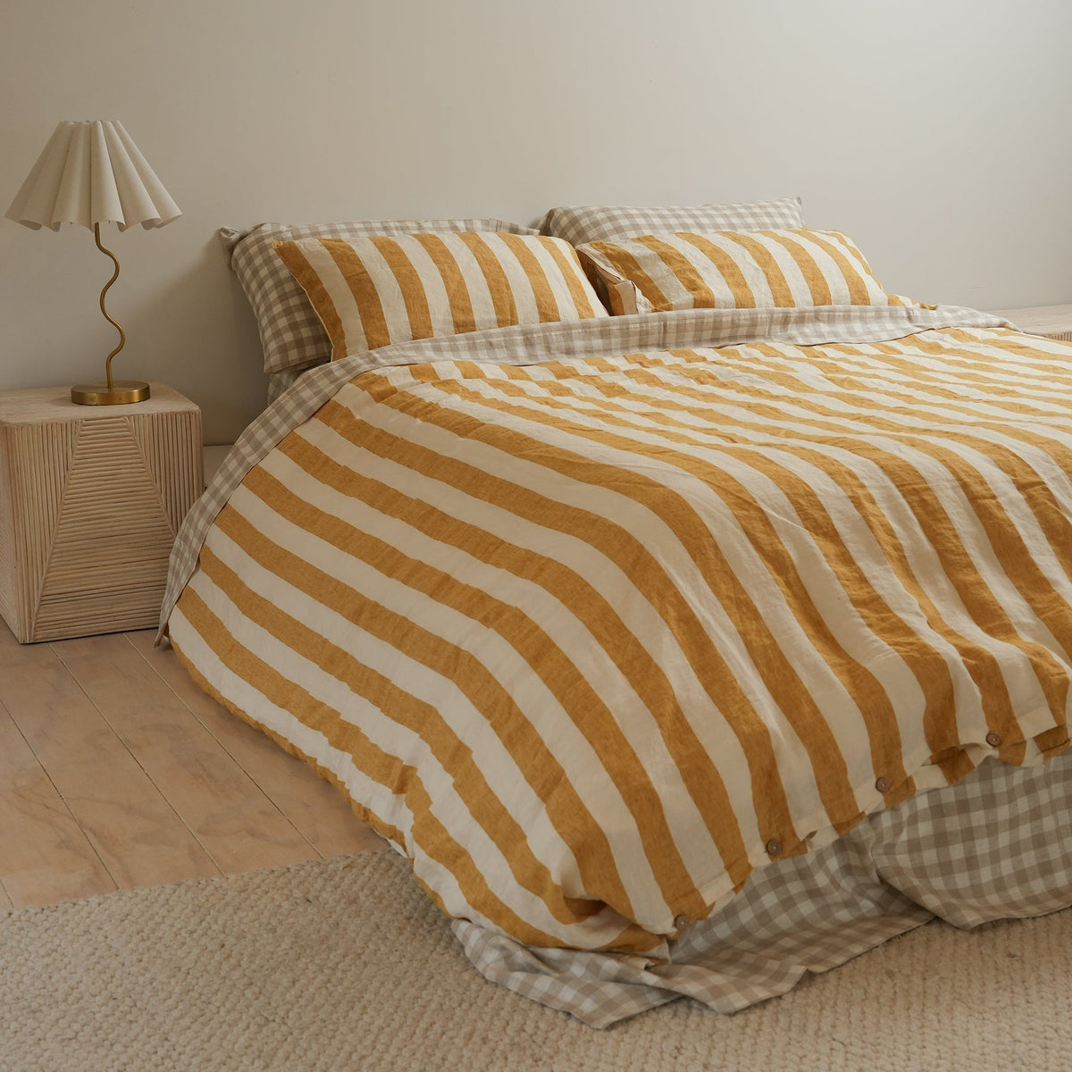 100% french flax linen duvet cover set in sunflower stripe, close-up