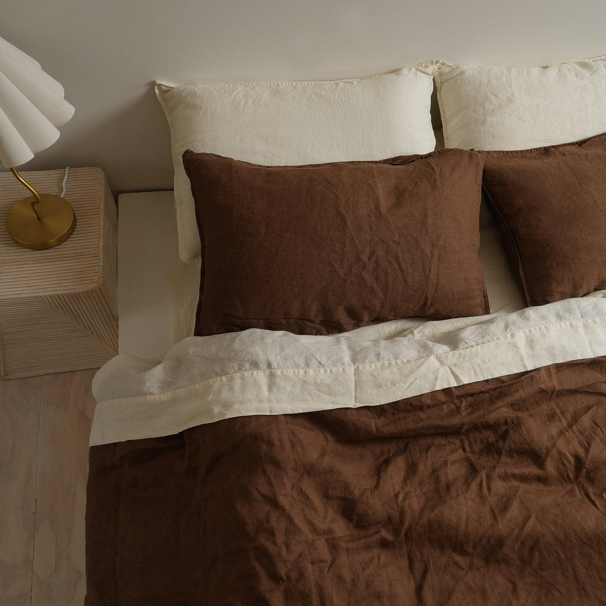 100% french flax linen sheet set in milk, styled shot