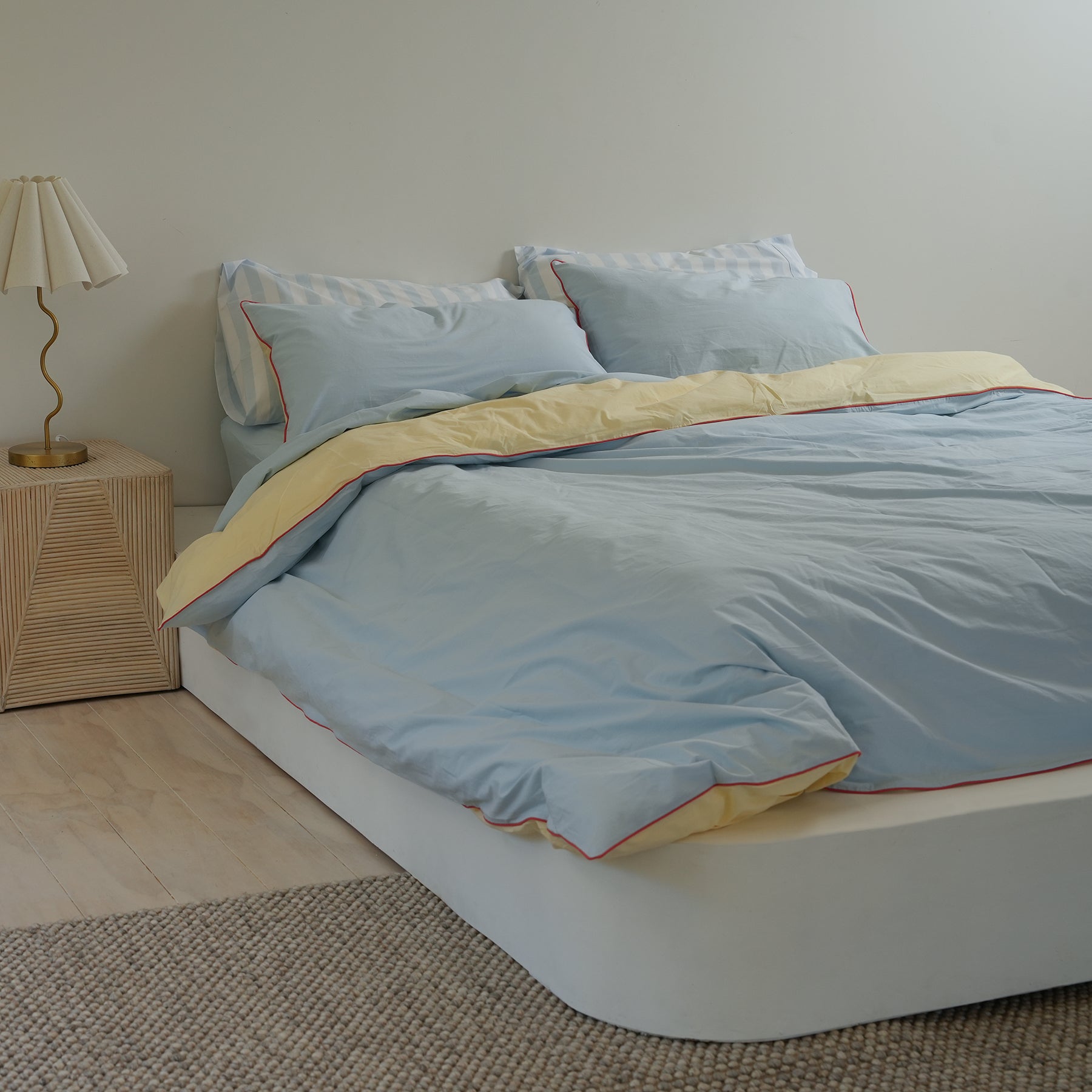 100% stonewashed cotton duvet set in butter/sky reversible