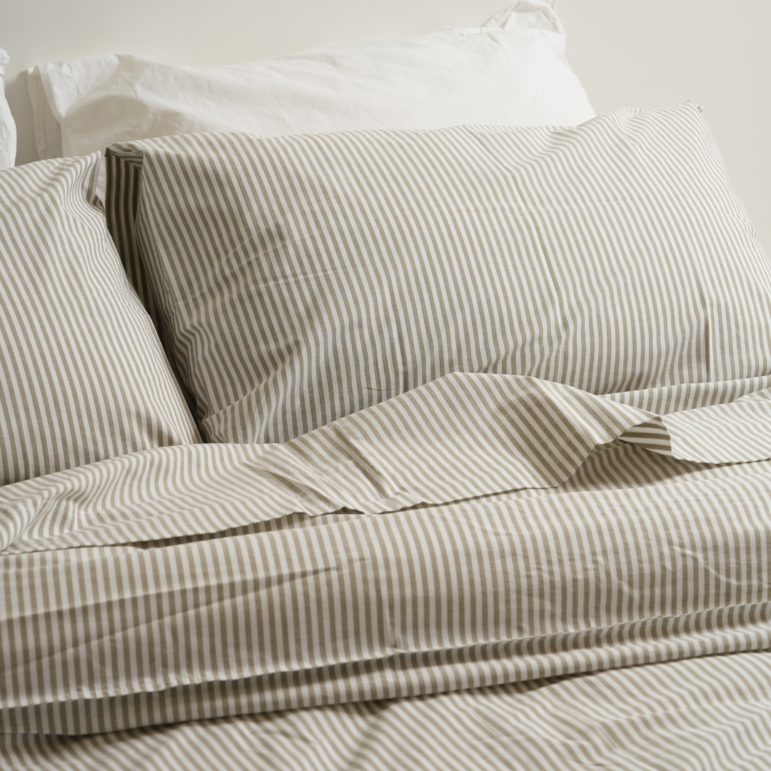 100% stonewashed cotton duvet set in olive stripe, detail view