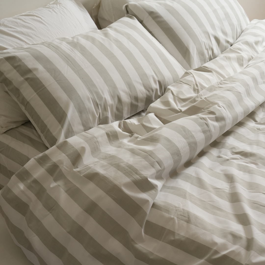 100% stonewashed cotton duvet set in sage stripe, detail view