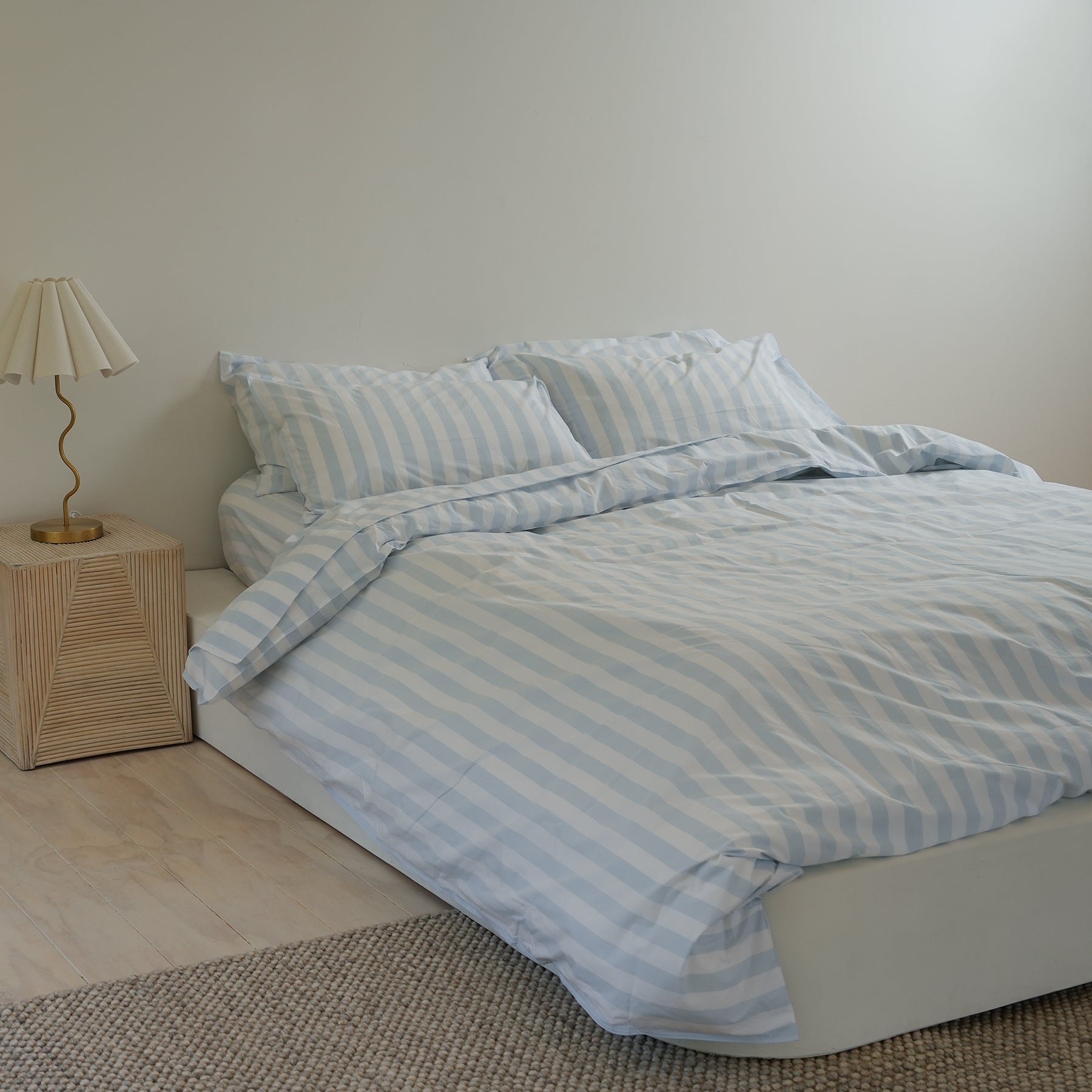 100% stonewashed cotton duvet set in sky blue stripe