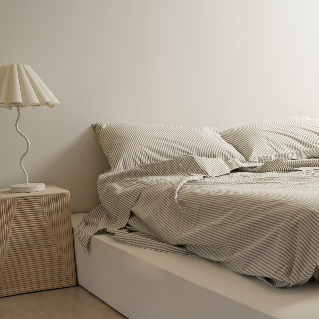 100% stonewashed cotton sheet set in olive stripe