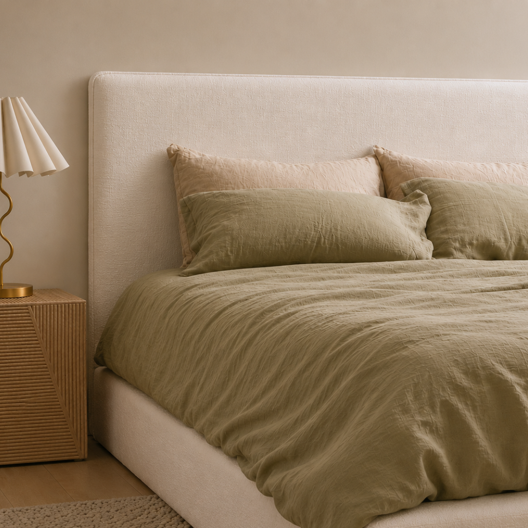 Tall Harlow Headboard in Ivory – linen slip cover headboard | Home Lab