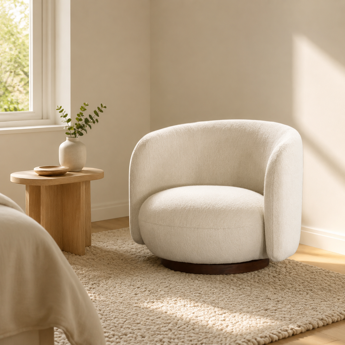 Form Boucle Swivel Chair styled in a Home Lab interior — option B