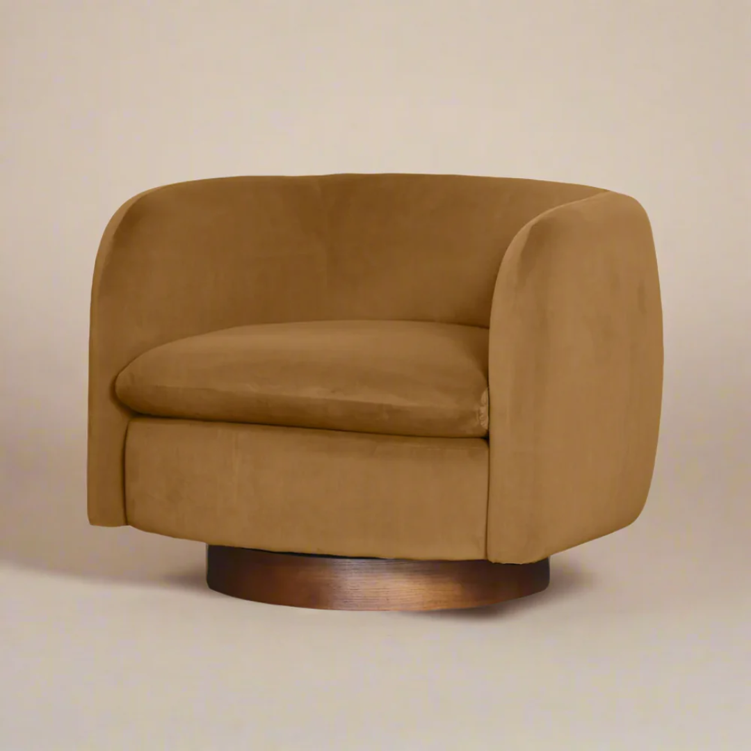 Charlie Swivel Chair- Camel Velvet side view – Home Lab NZ