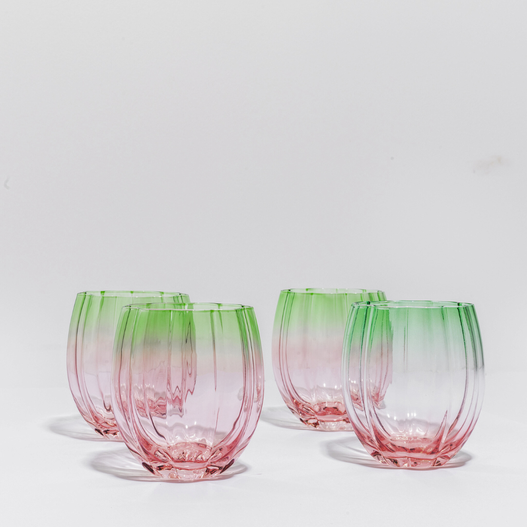 Petal stemless glass in watermelon pink set of 4, 9.5cm high x 8cm wide with petal-moulded form