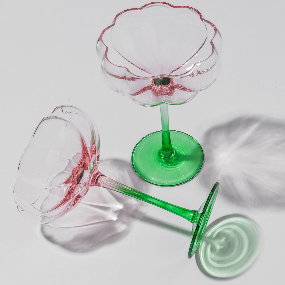Petal cocktail glass in watermelon pink set of 4, 16cm high x 10cm wide with petal-moulded form