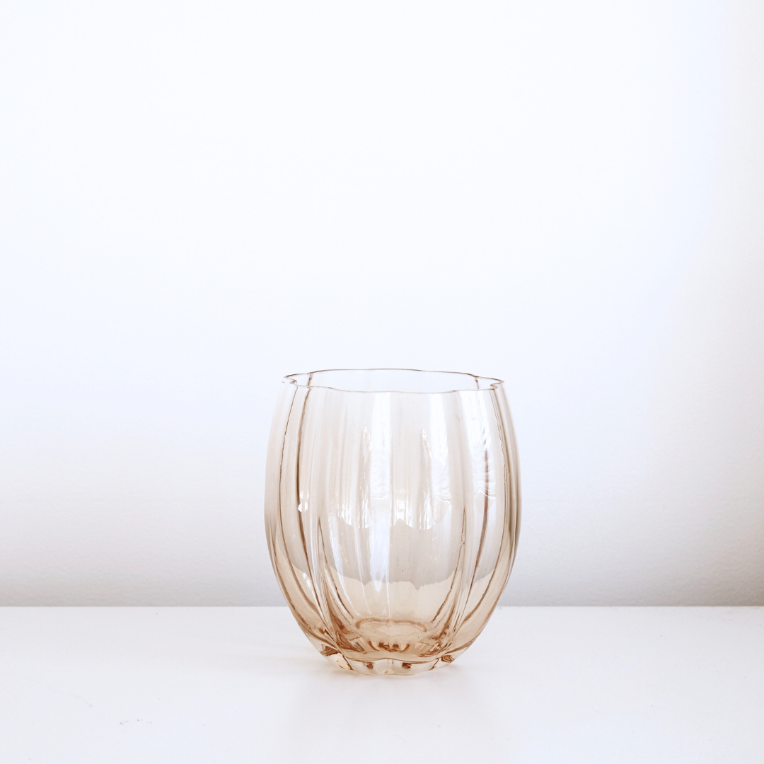 Petal stemless glass in light amber set of 4, 9.5cm high x 8cm wide with petal-moulded form