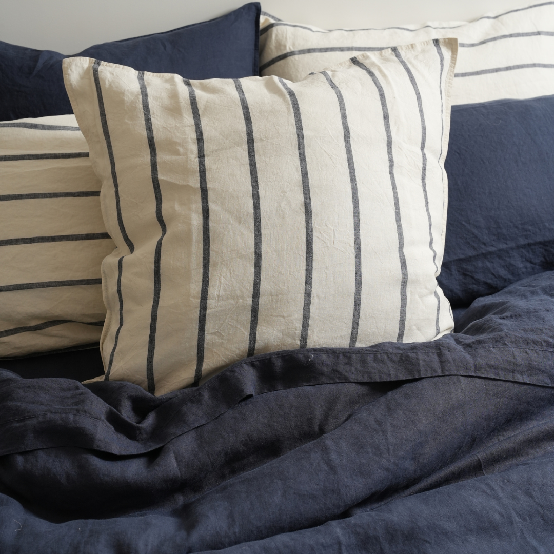 100% French Flax Linen Euro pillowcase- Midnight Stripe