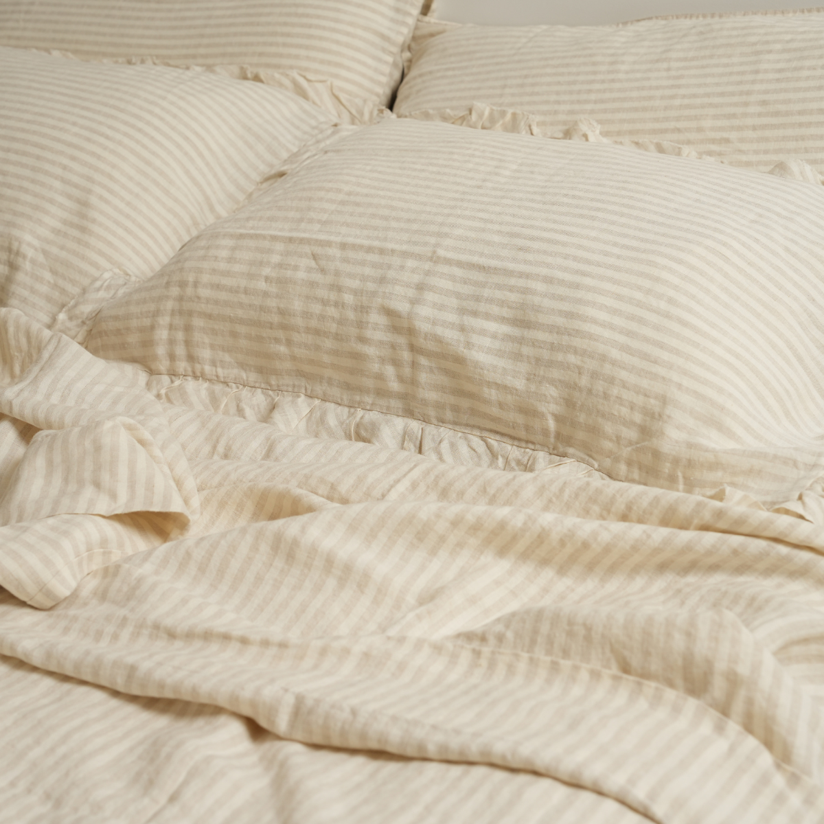 100% French Flax Linen Ruffle Edge Pillowcase Pair- Sand Stripe