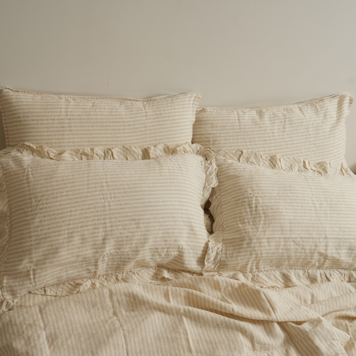100% French Flax Linen Ruffle Edge Pillowcase Pair- Sand Stripe