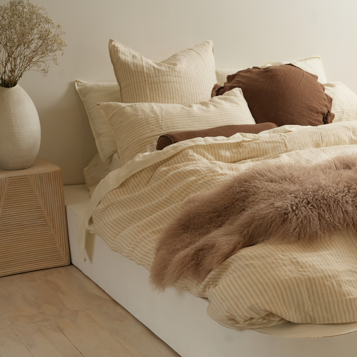 100% French Flax Linen Duvet Cover Set - Sand Stripe