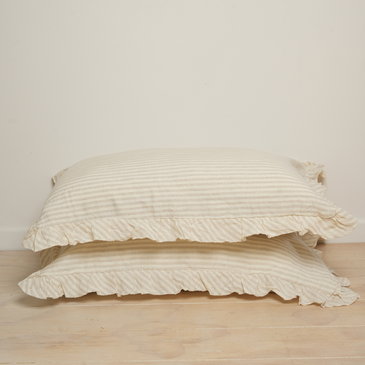 100% French Flax Linen Ruffle Edge Pillowcase Pair- Sand Stripe