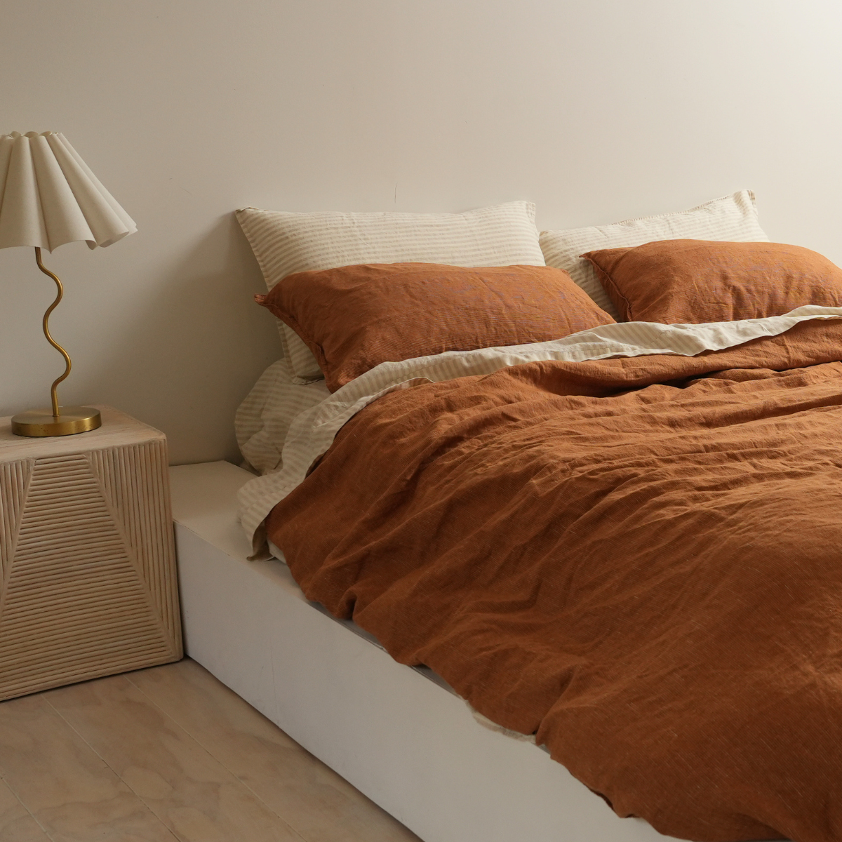 100% French Flax Linen Duvet Cover Set - Caramel Pinstripe