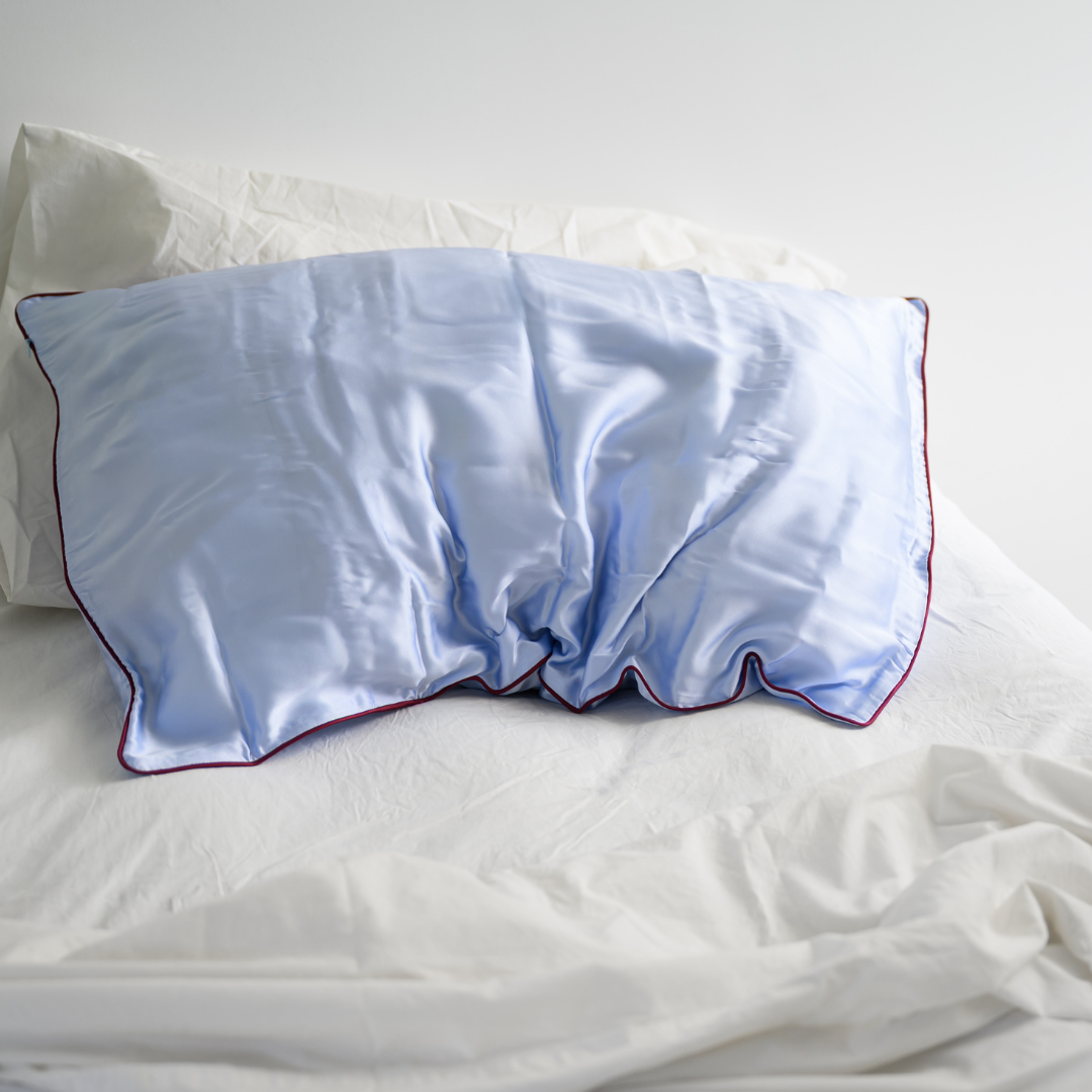 100% Pure Silk Pillowcase - Sky Blue with Cocoa Piping