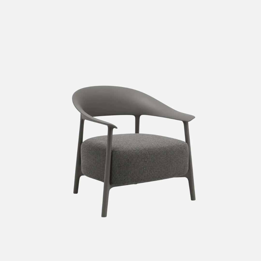 Alan chair, curved frame, tapered legs, textured fabric seat, alternate angle