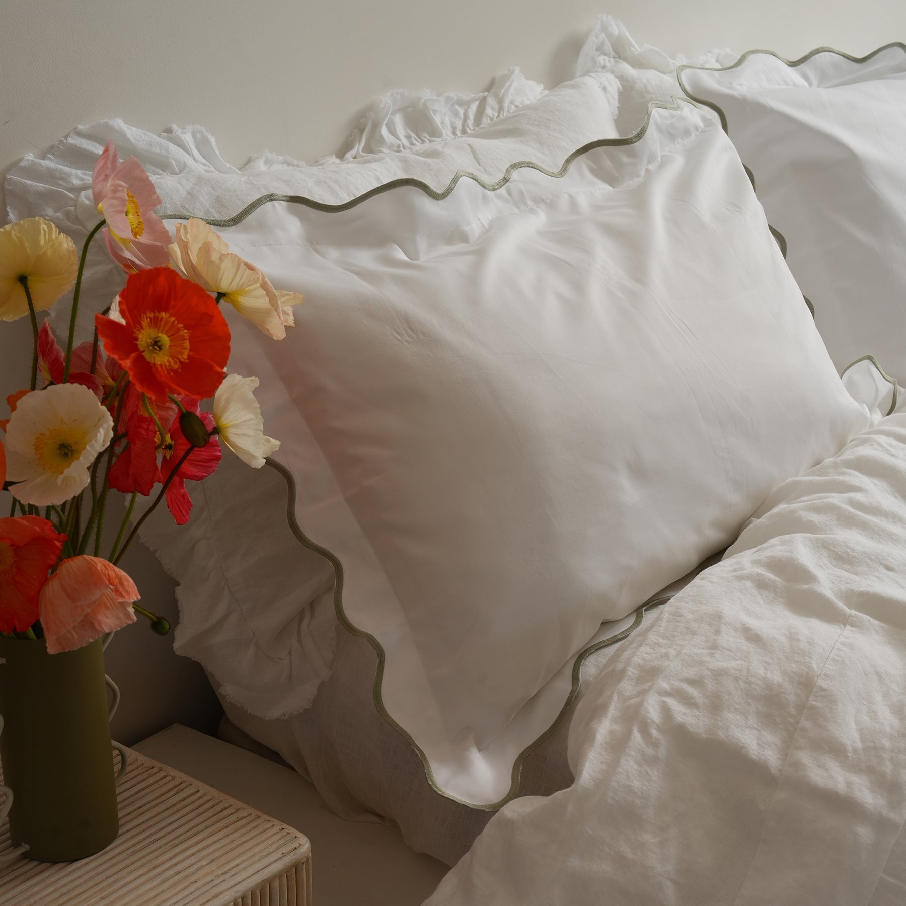 Celine pillowcase pair in sage, side view