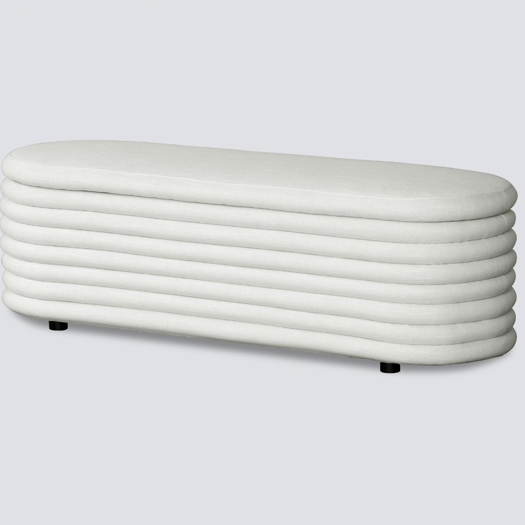 Channelled storage bench, side view