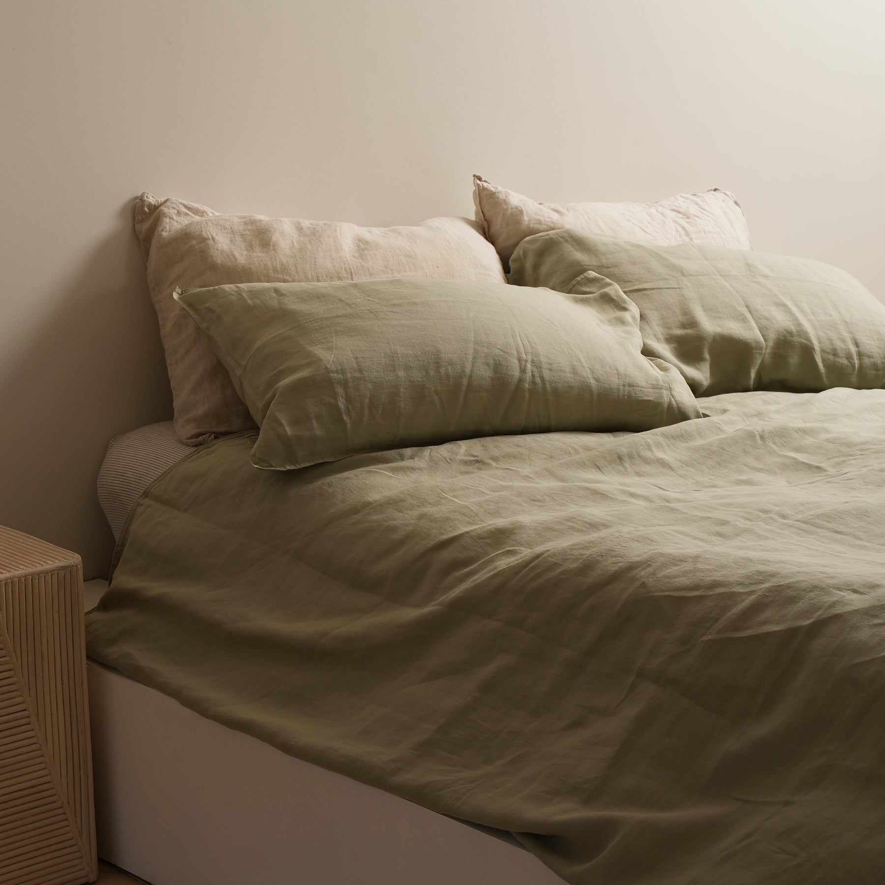 French flax linen duvet cover set in Sage detail view
