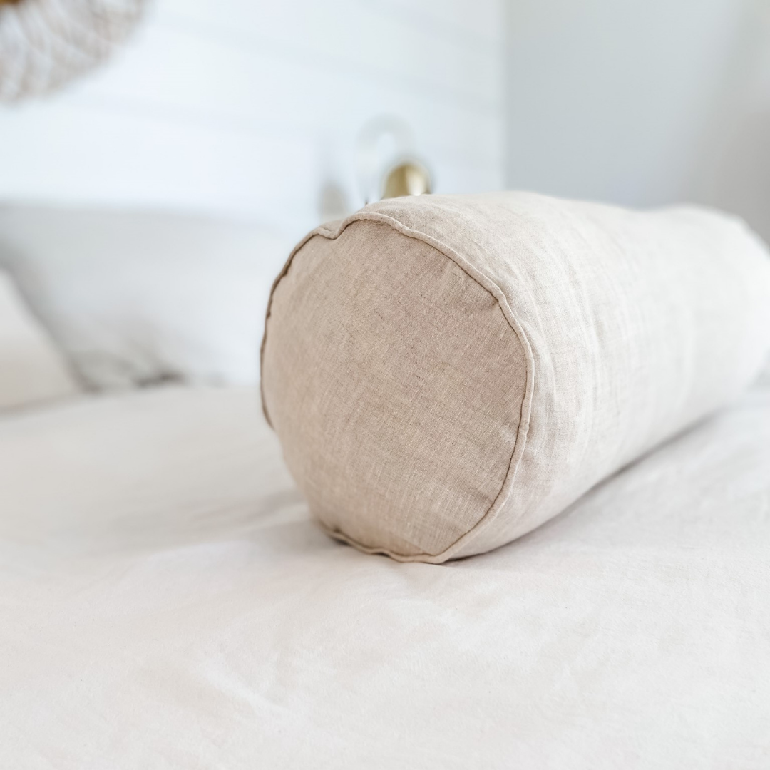 French flax linen feather filled bolster cushion in Natural Oat detail view