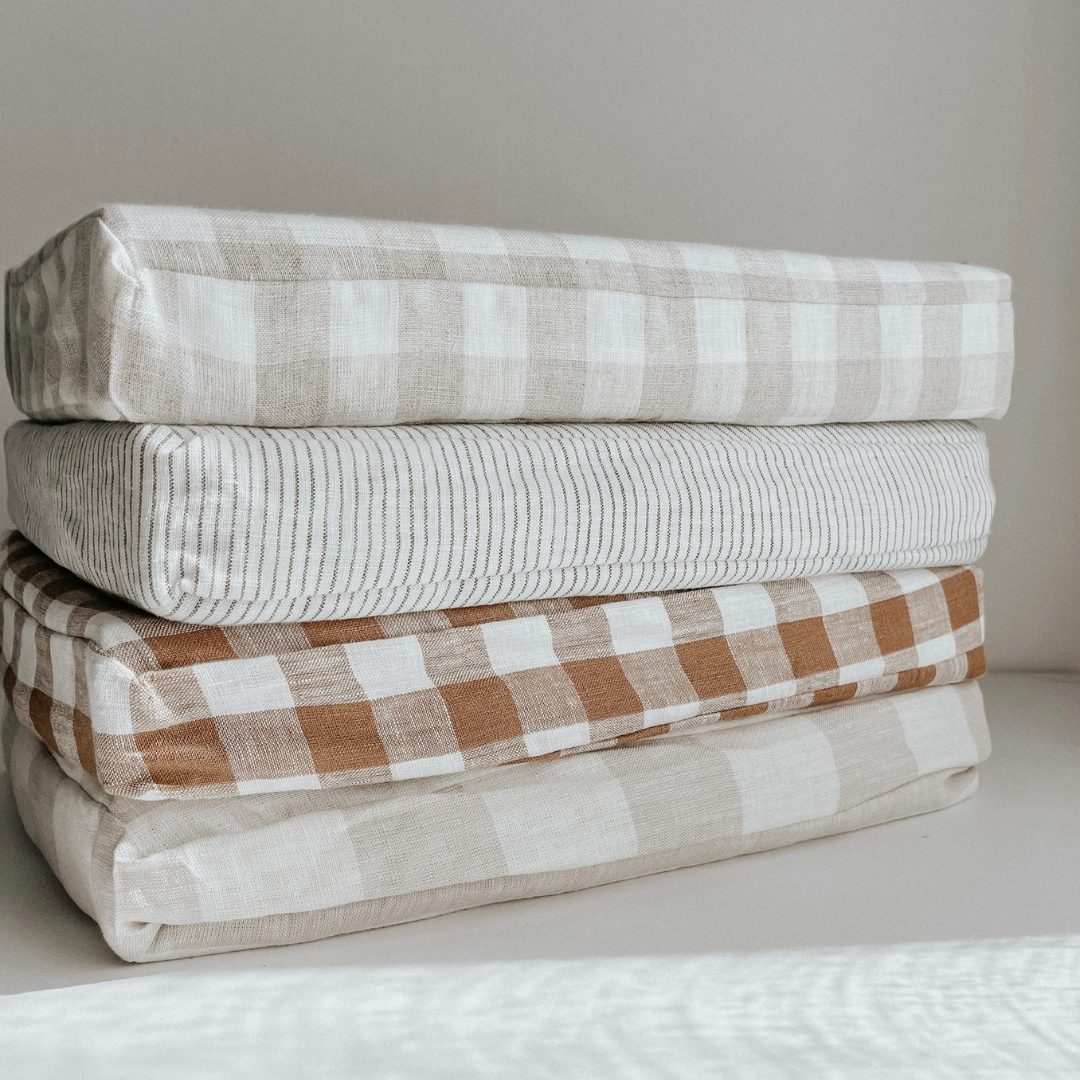 French flax linen fitted cot sheet in Natural Gingham close-up of fabric
