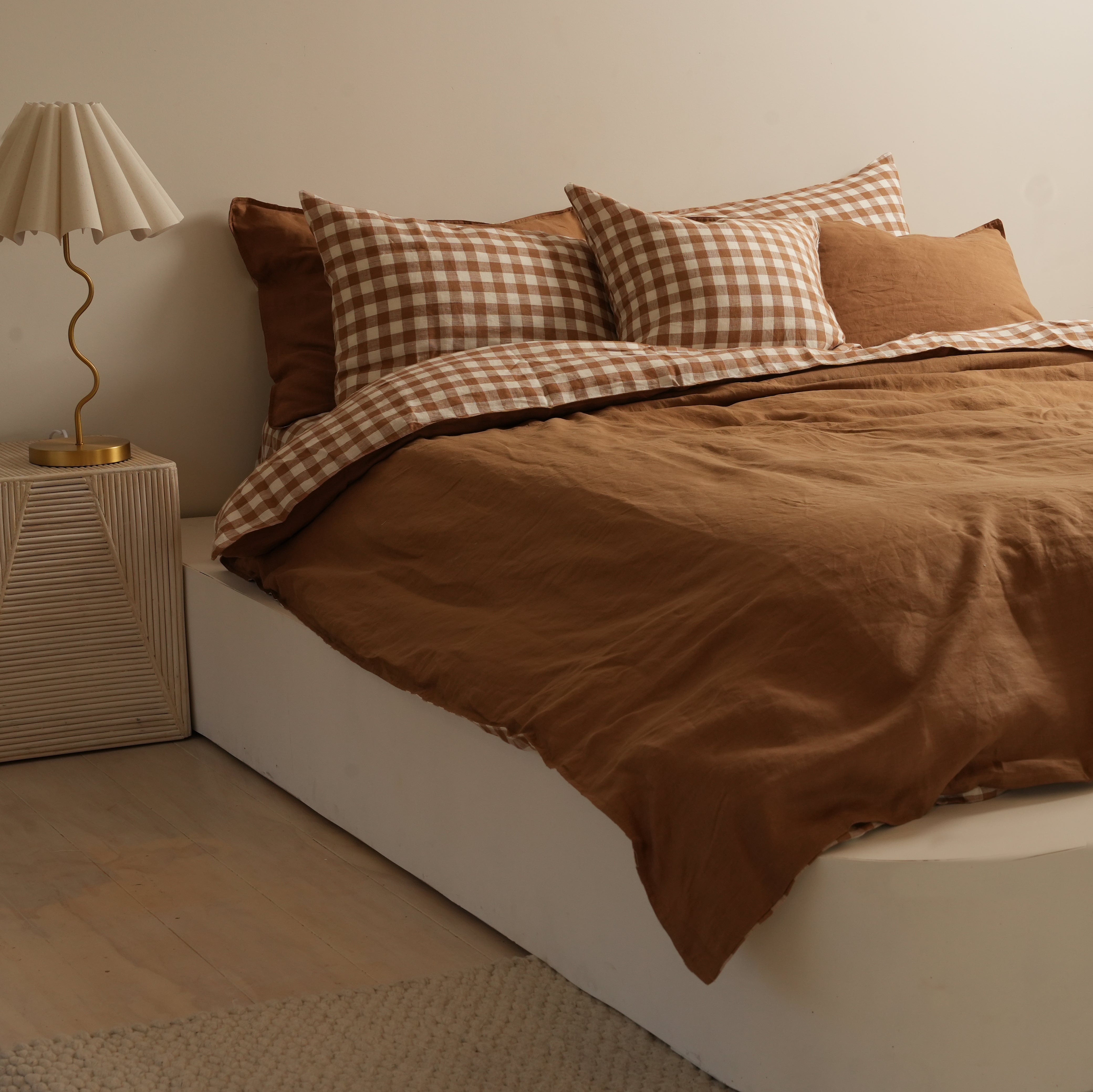 French flax linen reversible duvet cover set in Ginger Gingham