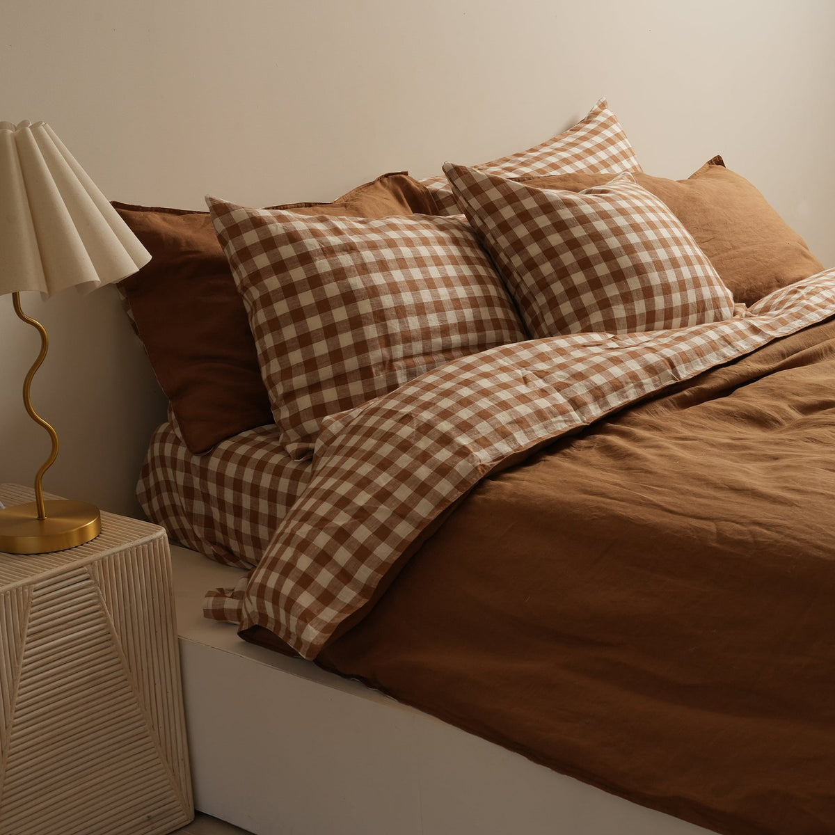 French flax linen reversible duvet cover set in Ginger Gingham close-up of fabric