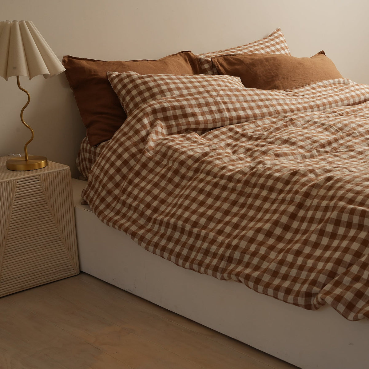 French flax linen reversible duvet cover set in Ginger Gingham detail view