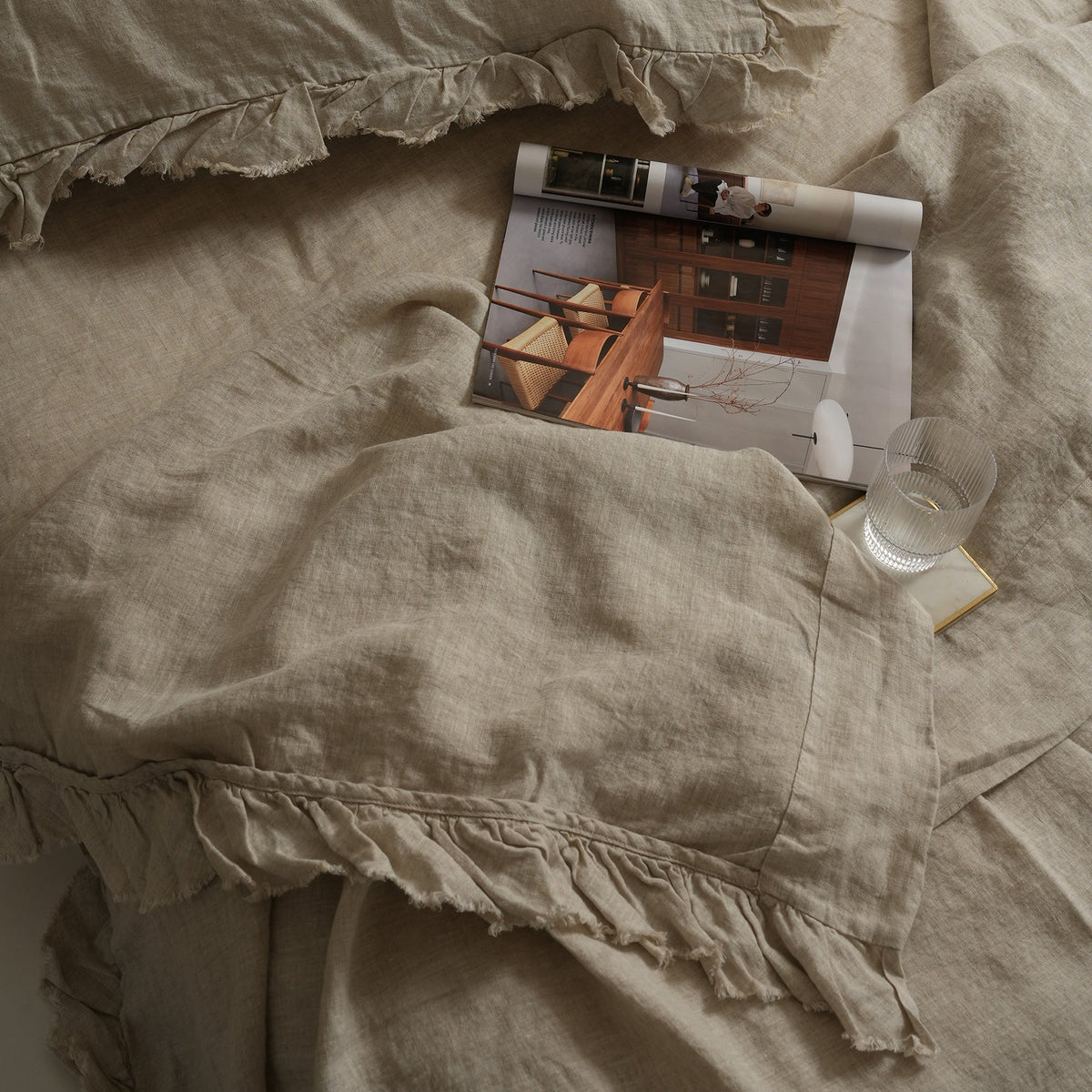 French flax linen ruffle edge sheet set in Natural Oat detail view