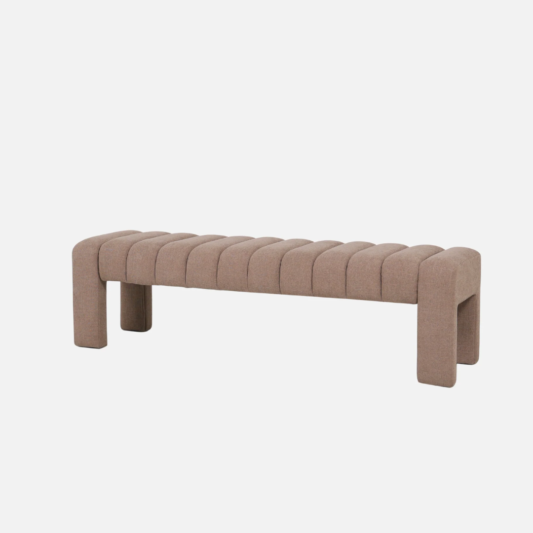 Gaudi bench in boucle, sculptural ribbed seat, detail view