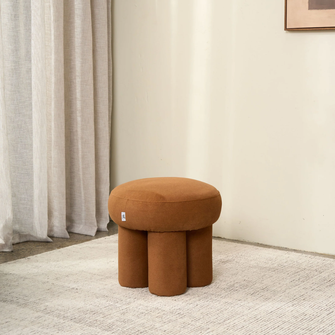 Lume stool in Walnut, velvet, bold rounded form