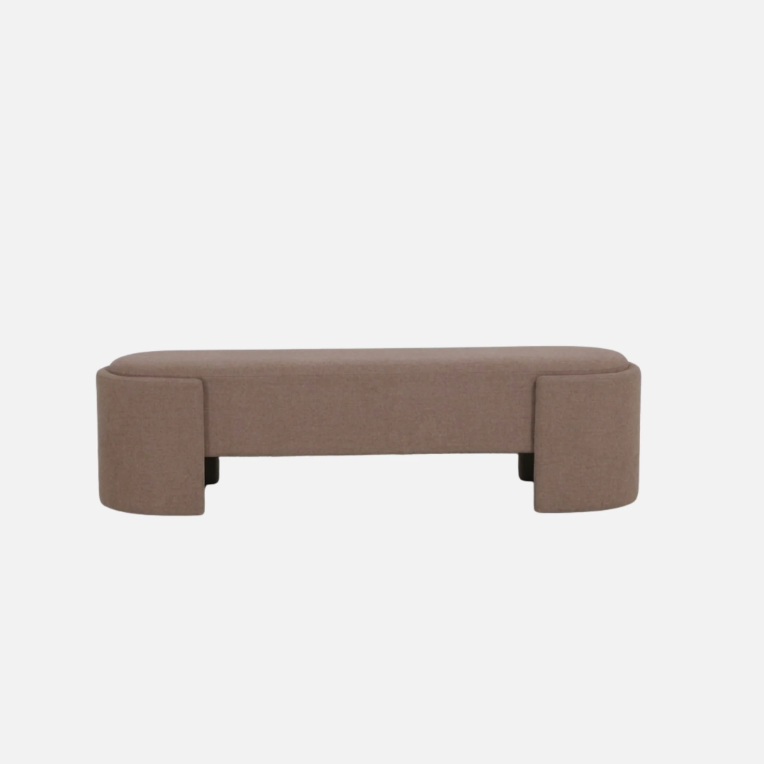Malfi bench in textured boucle, curved sculptural form, detail view