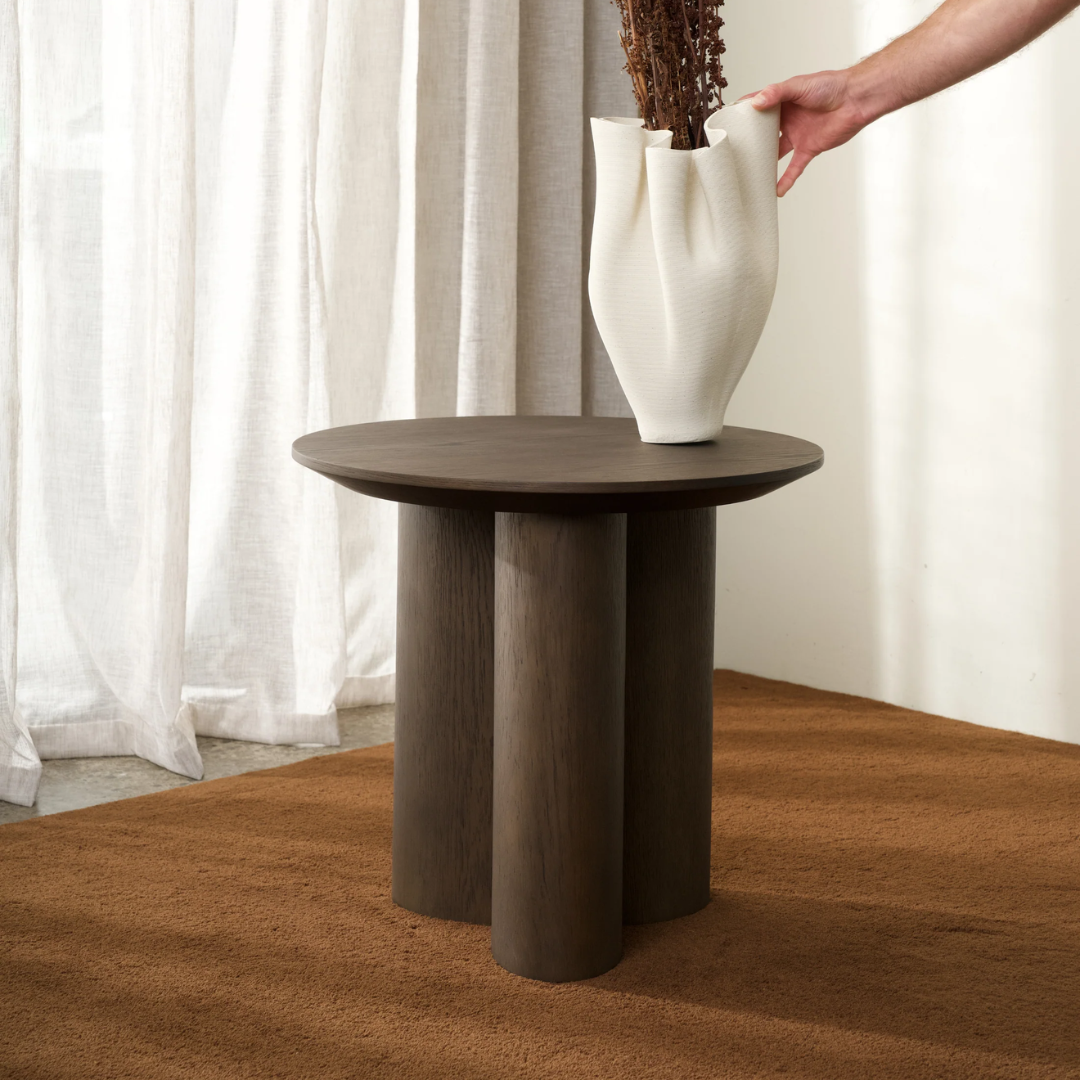 Nova side table in Natural oak veneer, softly rounded edges, 60cm dia x 55cm h