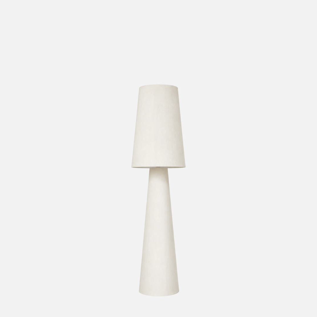 Onda floor lamp in natural linen, sculptural base and shade, 150cm tall, styled view