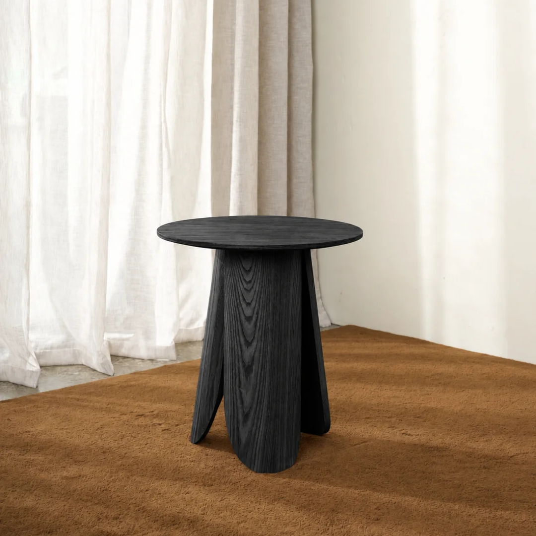 Otte side table in Black Ash, ash veneer, three-leg base, 50cm dia x 55cm h