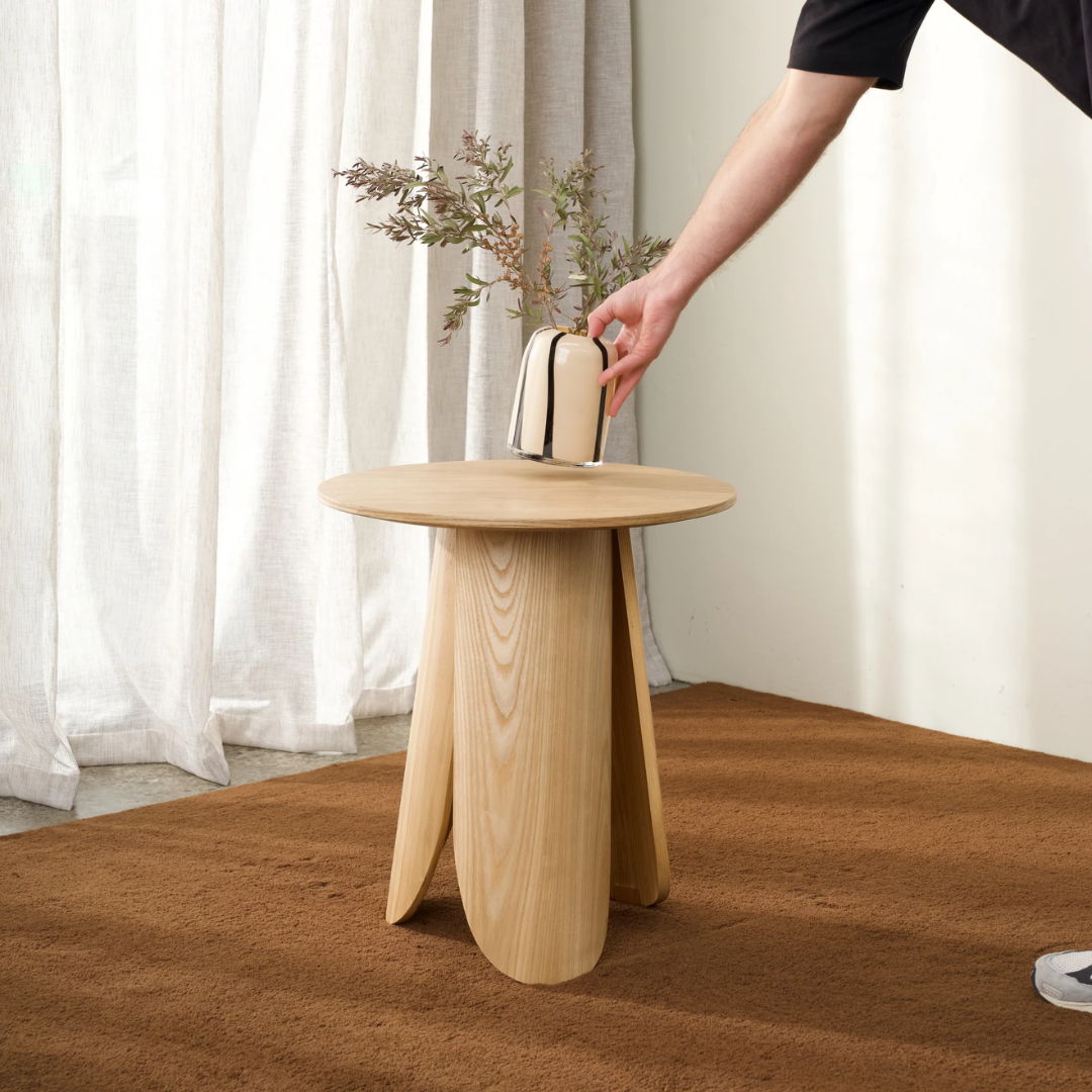 Otte side table in Natural Ash, ash veneer, three-leg base, 50cm dia x 55cm h