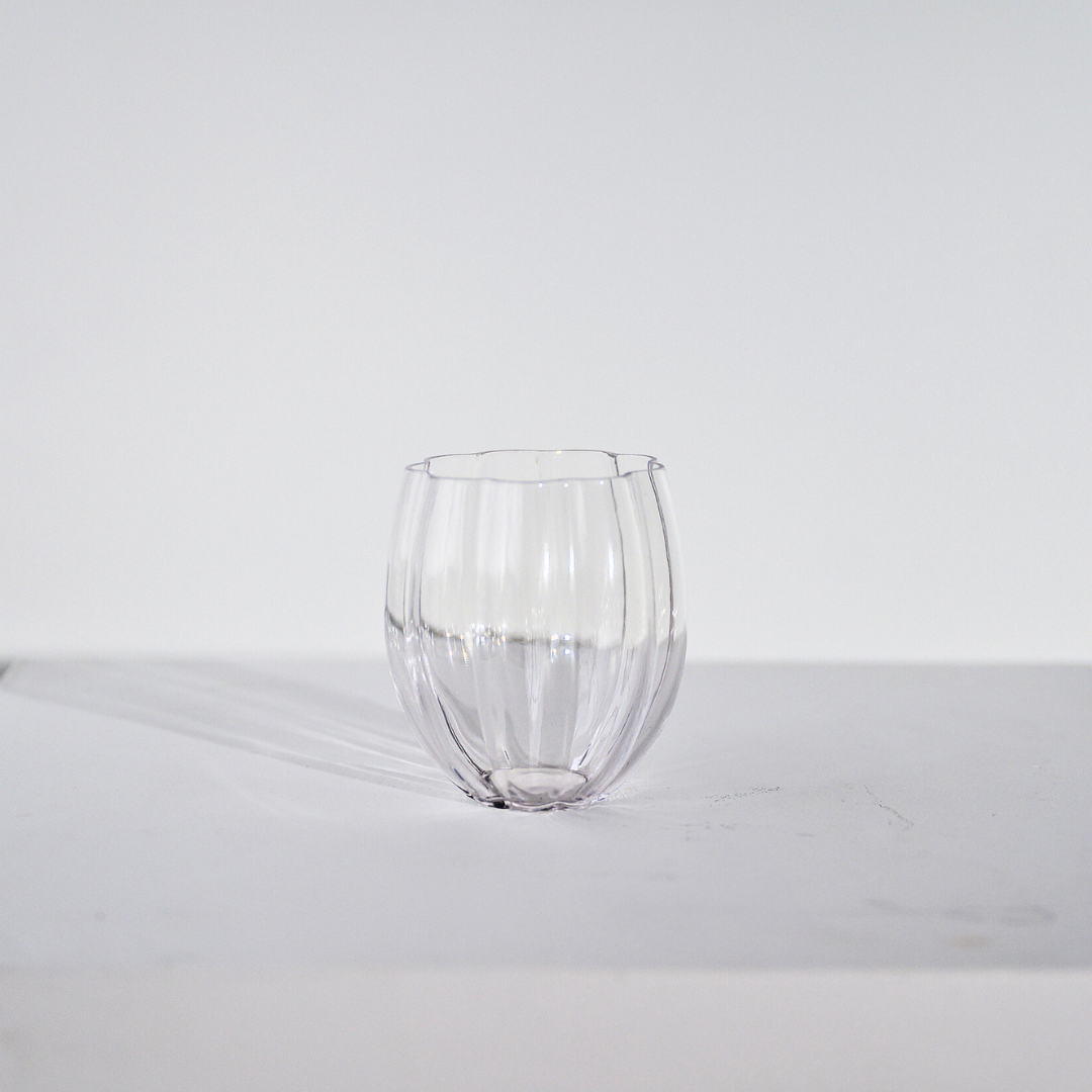 Petal stemless glass- clear in set of 4, detail view